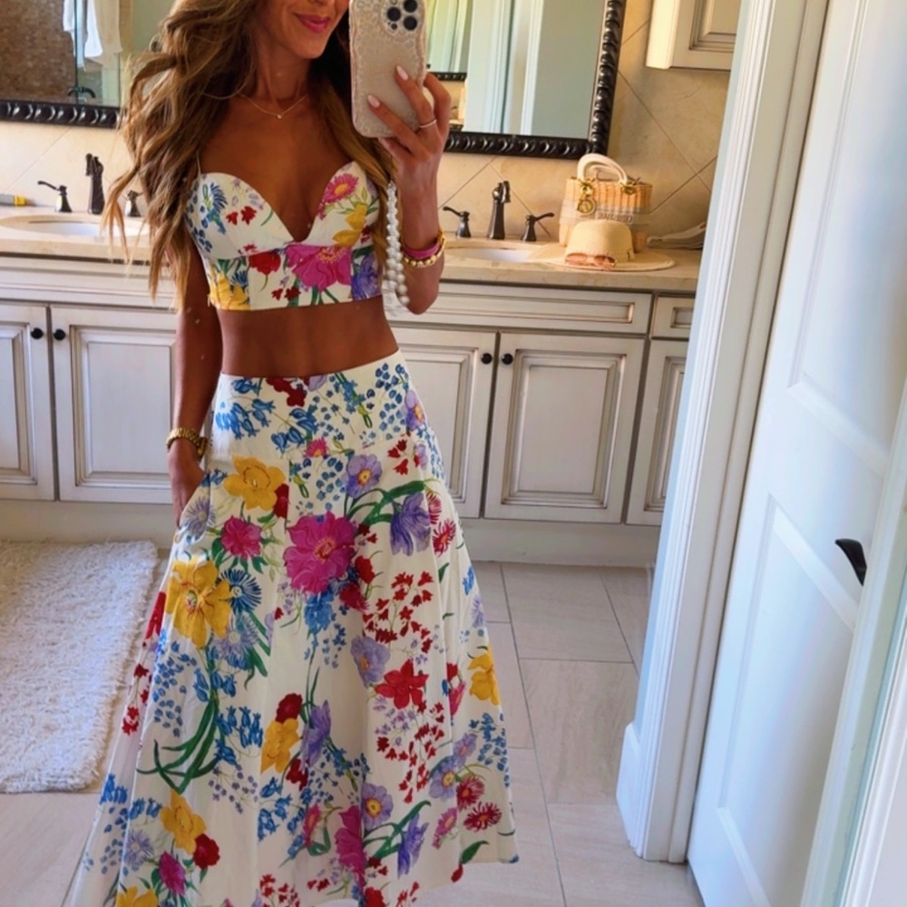 Fashion Nova White Floral A-Line Midi Skirt set with Pink Yellow Blue Accents